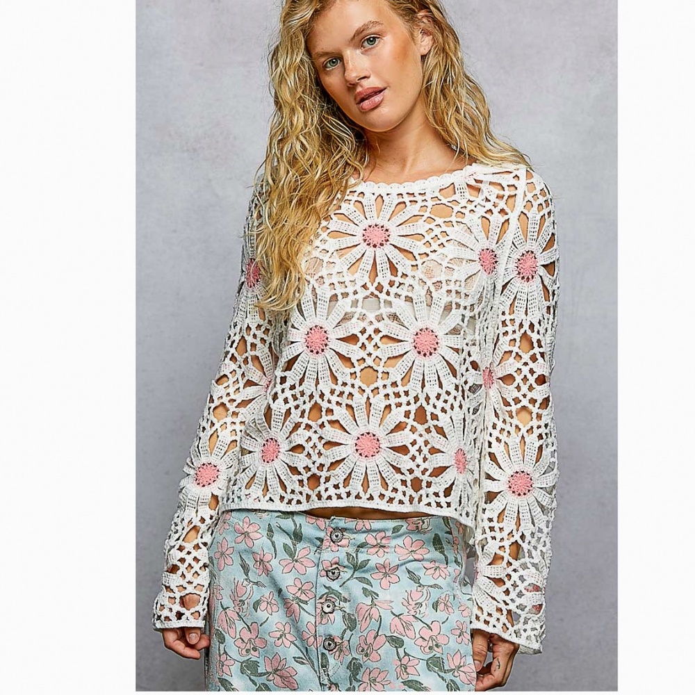 POL White Crochet Daisy Sweater with Pink Centers BNWOT